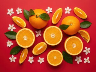 Fresh orange slices and flowers on red background