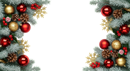 lavish asymmetrical christmas border of frosted pine branches, metallic red and gold baubles, and holly berries, against a transparent background with copy space. Luxurious holiday advertising concept