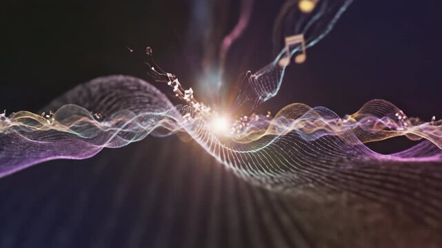 Ethereal musical notes gently radiating outwards from a soft central light source, simulating expanding sound waves and harmonic resonance visualizer, ambient, harmonic resonance