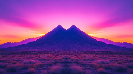 Obraz premium A stunning twilight scene where two majestic mountains rise against a vibrant sky. The colors blend beautifully for a serene atmosphere. Generative AI