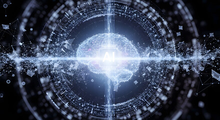 Futuristic AI brain with glowing circuits and digital connections