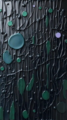 dark abstract textured surface with flowing glossy lines and scattered organic circular elements