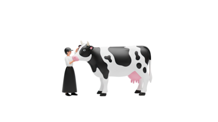 3D Stylized Woman Petting a Black and White Cow on transparent background