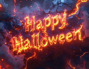 Fiery greeting with "Happy Halloween" text glowing amid smoky, cracked terrain