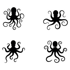 Naklejka premium Octopus silhouette set isolated on transparent background. Marine animal collection perfect for ocean, sea life, tattoo, and nautical themed designs.