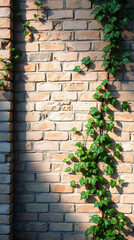 sunlit brick wall with climbing ivy forming natural textured background