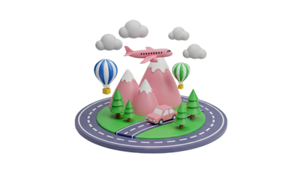 3D Travel Scene with Airplane, Car, Hot Air Balloons, and Mountains on transparent background