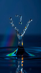 glowing liquid water splash frozen in motion with luminous reflections on deep blue background