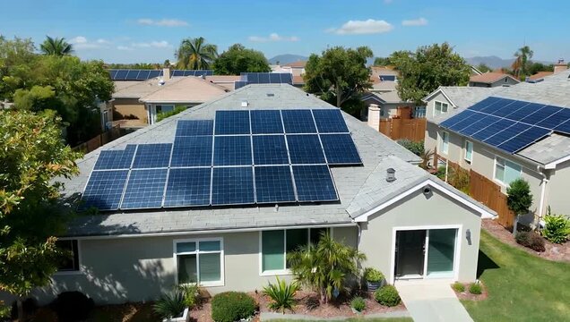 Aerial 4K drone footage of houses Tustin California with solar panels on roofs captured sunny afternoon light emphasizing sustainability urban planning residential solar energy stock 
