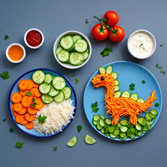 Healthy food for kids on blue plates and table