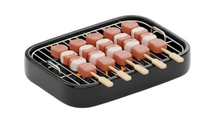 Barbecue grill with meat skewers cooking over coals on transparent background