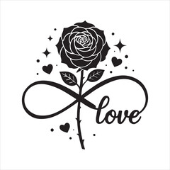 Symbolic black silhouette of a rose intertwined with an infinity vector symbol  of valentine`s