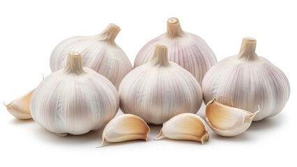 Fresh whole garlic bulbs and individual cloves displayed on a pristine white background