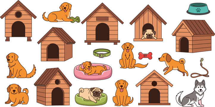 Pet shop and dog care vector illustration set featuring wooden dog houses golden retriever puppy pug husky pet beds collar bone and food bowl symbols