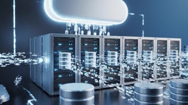 Row of server racks, with a glowing database model
