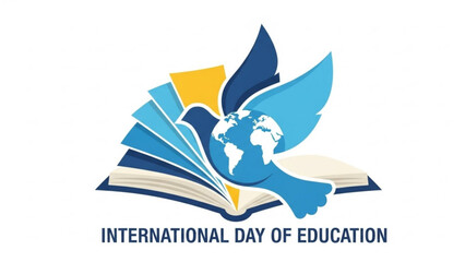 International day of education logo with open book, globe, and dove, symbolizing knowledge and peace on white background for learning and awareness campaigns