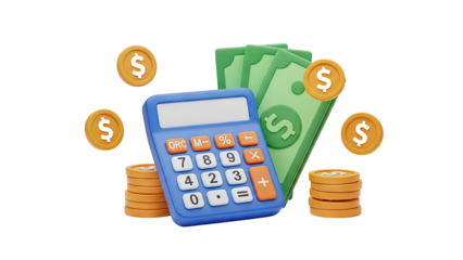 Calculator with Money and Coins on transparent background