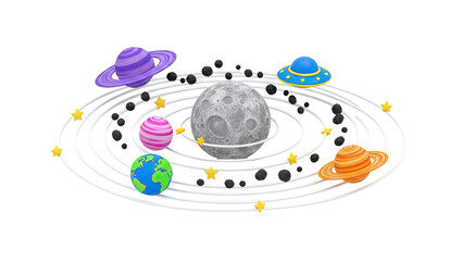 Cartoon Solar System Planets Orbiting Moon and UFO on transparent background