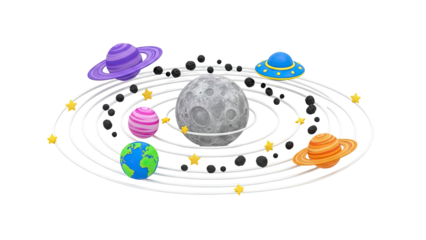 Cartoon Solar System Planets Orbiting Moon and UFO on transparent background