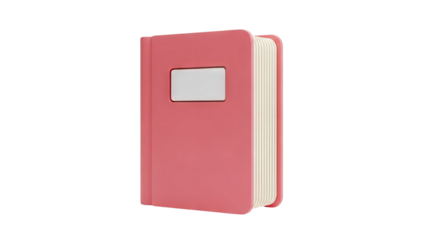 Closed pink book with blank label on cover on transparent background