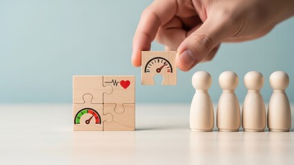 A hand completes a puzzle of health metrics and human well-being with a final gauge piece