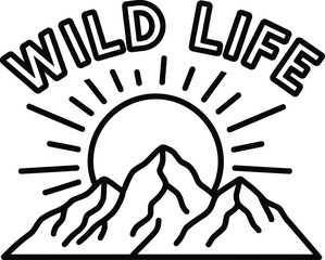 Mountain sun landscape vector illustration with Wild Life text for nature and camping themes on a transparent background. © Josnara