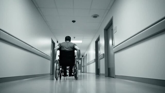 Disabled man speeding in wheelchair down dark hospital corridor