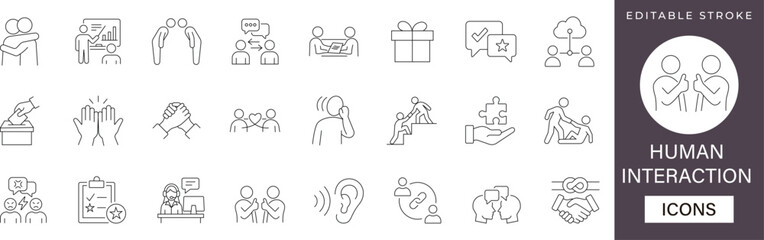 Fototapeta premium Human interaction line icon set: people social connection, teamwork, and communication symbols. Perfect for web, apps, and modern digital marketing. Editable vector set.
