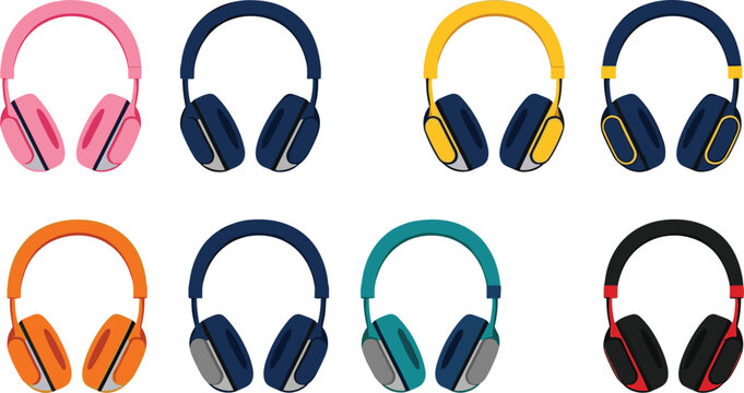 Colorful headphones illustration set featuring modern over ear audio headsets for music, gaming, podcast, and media listening