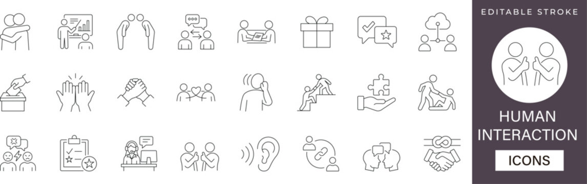 Human interaction line icon set: people social connection, teamwork, and communication symbols. Perfect for web, apps, and modern digital marketing. Editable vector set.