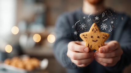 Sunlit person holding a freshly baked gingerbread star cookie with natural lifestyle mood, featuring chalk snowflake doodles and shallow depth of field for commercial use