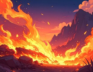 Fiery landscape with burning flames, mountains, and sunset colors