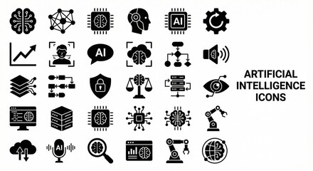 Artificial Intelligence Icons Set Technology, Machine Learning, Data and Innovation Symbols