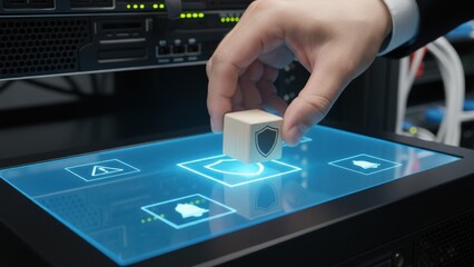 Cybersecurity protection in action: business hand placing shield block on glowing digital interface in server room, symbolizing data security, risk management, access control and system protection