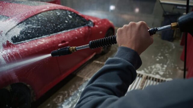 A young driver methodically applies thick detergent foam to his red sports car using a high-pressure hose gun at a modern self-service car wash station.