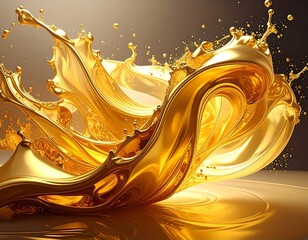Flowing, glossy, golden liquid dynamically splashing