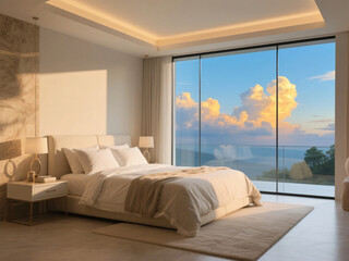 Modern Big Window Bedroom Apartment with Magnificent Sky