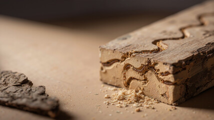 Macro photograph of serpentine beetle larval tunnels on a piece of dry decorticated wood, showing aged wood damage and infestation patterns on a neutral beige background.