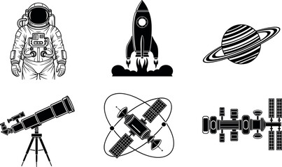 Black silhouette icons of astronaut, rocket, planet, telescope, satellite, space station – flavector © Yeasin