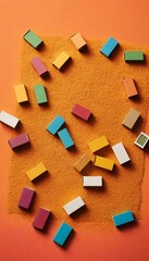 A minimalist composition of a matchbox spilled open, forming a chaotic pattern on a bright colored background, overhead view