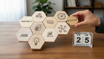 Future skills on the calendar: hexagon blocks for adaptability, critical thinking, skills and innovation beside December 25, 2024 date, symbolizing lifelong learning, upskilling and career development