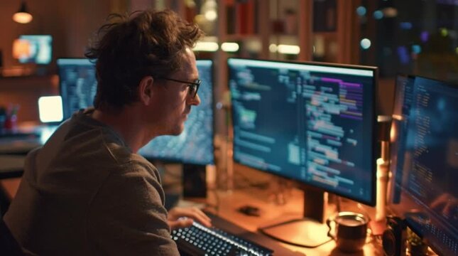 A man intensely works on computer code displayed on multiple monitors in a dark room at night in this video
