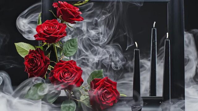 Ethereal smoke and slow-moving fog swirls around a static composition featuring a stark black frame and red roses with three unlit black tapered candles gothic, static composition, horror
