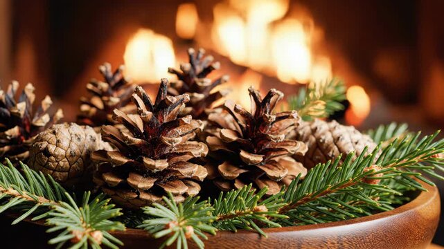 Extreme close up macro shot emphasizing the rough texture of the dried pinecones and the detail of the fir needles in a dark wooden bowl, soft background bokeh of the fireplace rustic, macro, cozy