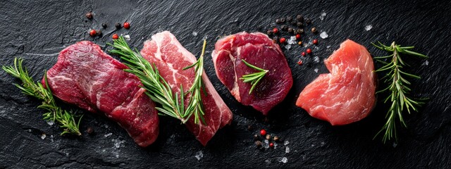 Fresh raw beef with herbs, garlic and spices on black background, concept of carnivore diet, traditional cuisine, natural protein, meat is back. banner 