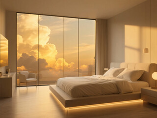 Modern Big Window Bedroom Apartment with Magnificent Sky
