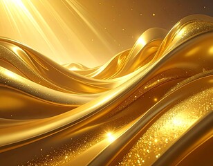 Flowing, glossy, golden waves with light rays and sparkles