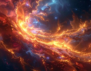 Fiery nebula with swirling orange, red, and blue celestial patterns