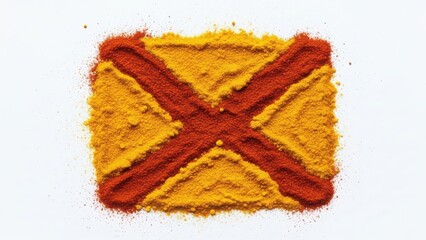 Vibrant yellow turmeric and fiery red chili powder form an abstract 'x' shape on a pristine white surface