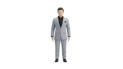 Man in light grey suit and black shirt on transparent background